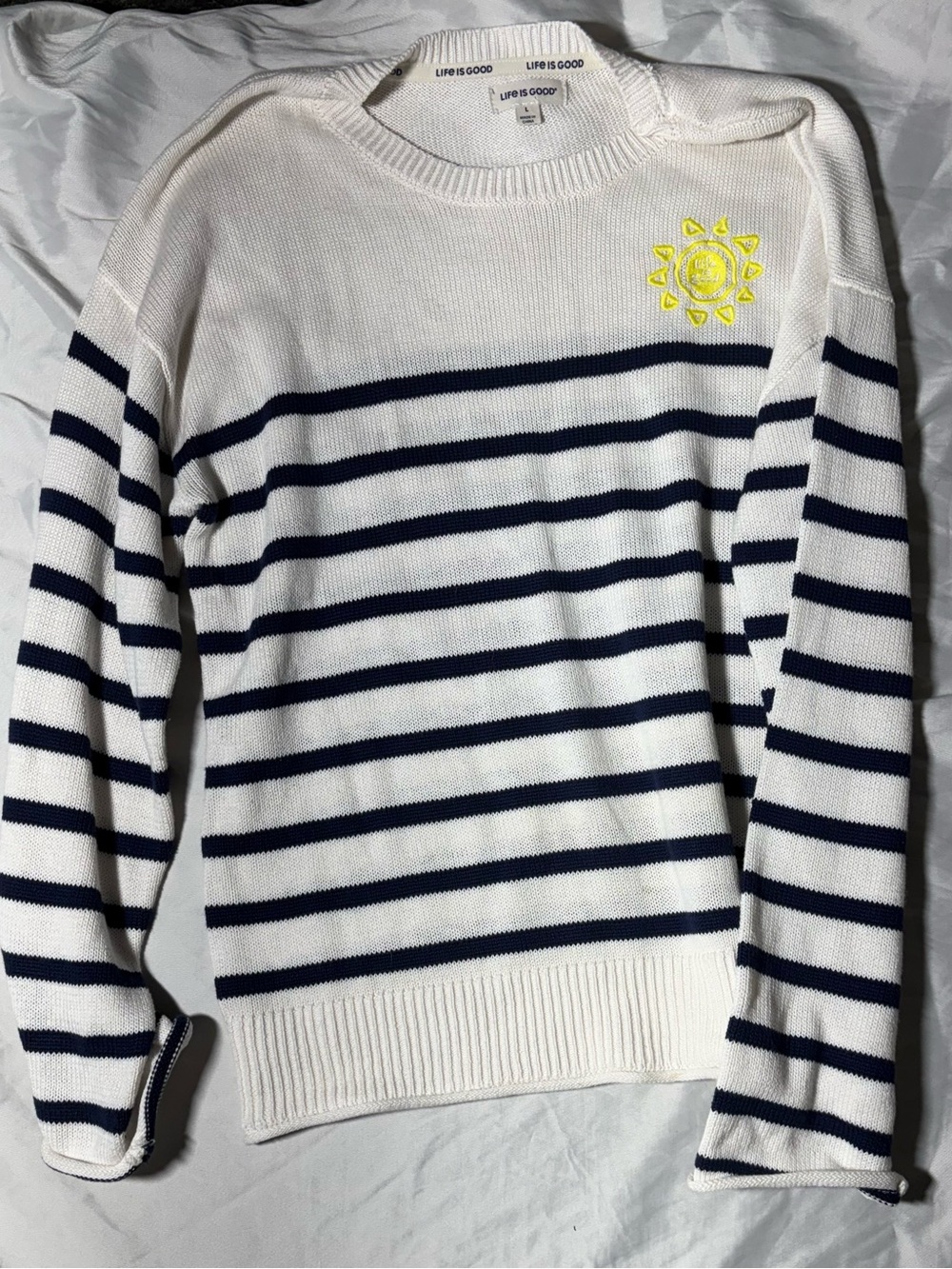 Life Is Good White & Navy Striped Crewneck Sweater with Yellow Sun Patch